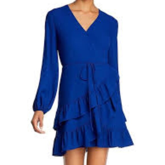 1. STATE WOMEN'S BLUE RUFFLED WRAP V-NECK LONG SLEEVE TIE MINI DRESS 10 - Picture 1 of 6